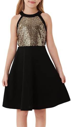GRACE KARIN Mädchen Glitzer Pailletten Party A-Linie Kleid Ärmellos Neckholder Kleid Elegant Prinzessin Kleid Cocktailkleider Schwarz 14 Jahre