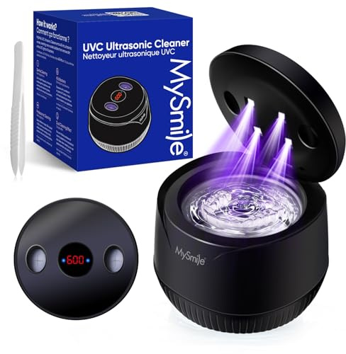 MySmile Ultrasonic Retainer Cleaner –45kHz Denture Cleaner Machine with 200ML Capacity for Aligner, Mouth Guard, Braces, Portable Dental Cleaning Pod with 2 Mode Digital Timer for Home, Travel (Black)