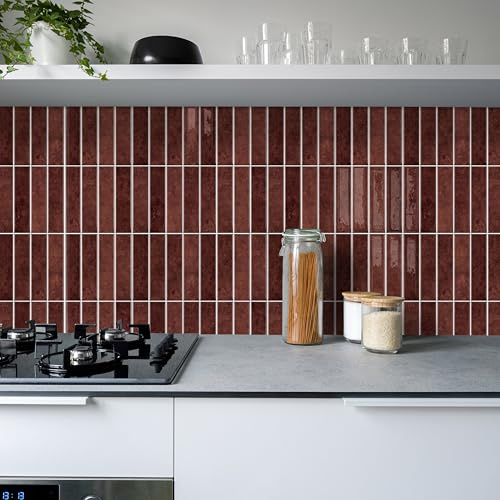 Alwayspon 10 feuilles 30,5 x 30,5 cm Autocollants muraux 3D rétro rouges Subway, film à décoller et à coller, autocollants de protection étanches à coller pour cuisine, salle de bain, mur