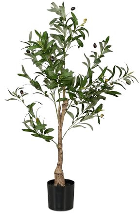 Relaxdays Olivo Artificial, Árbol de Plástico Realista, 90 cm de Alto, Decoración Hogar y Oficina, Verde y Marrón, Piedra