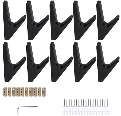 SINJEUN 10 Stück Garderobenhaken Schwarz Matt, 7,9 x 1,4 x 4 cm Aluminium Wandhaken zum Schrauben, Kleiderhaken für Akustikpaneele mit Befestigungsmaterial, Wandmontage für Bäder und Küchen
