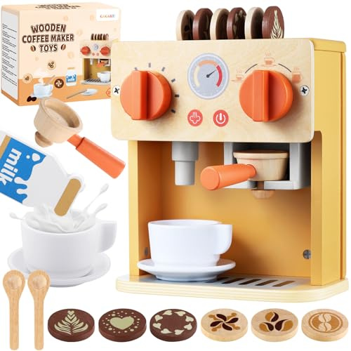 GAGAKU Kaffeemaschine Kinder aus Holz - Kaffeemaschine Spielzeug in Leuchtend Orange - Mit Zubehör für Kinderküche - Lernspielzeug für Rollenspiele & Feinmotorik
