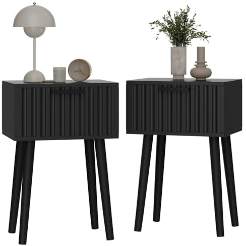 YMYNY Nachttisch 2er Set, Beistelltisch, Nachtschrank, Magnetschublade mit geriffelten Fronten, Massivholz Beinen, Modern, Couchtisch für Schlafzimmer Wohnzimmer, Schwarz HST014B-2