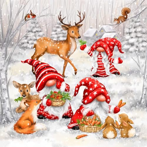 20 Servietten Weihnachten Lustige Gnome füttern Tiere als Tischdeko. Papierservietten mit Motiv für Winter mit Gnome Wichtel Tiere Reh Hase Fuchs. Auch für Decoupage und Serviettentechnik 33x33cm