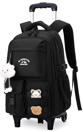 NIWEIYA Black Rolling Backpack with Wheels for Girls Boys, Kids Roller Wheeled Backpack Middle School Bag, Trolley Rolling Bookbag on 2 Wheels