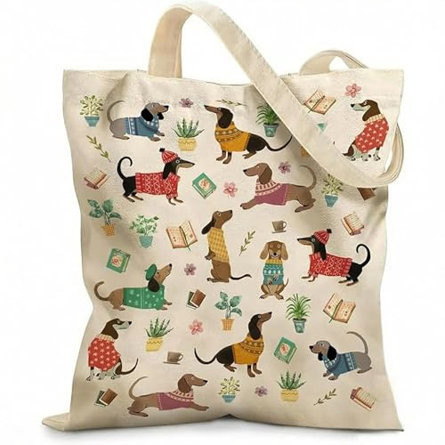 QIANSSE Dachshund Tote Bag, Double Sided Printed Canvas Shopper | Large Reusable Grocery Bag, Cute Sausage Dog Print, for Women & Dog Lovers, Work Travel Beach