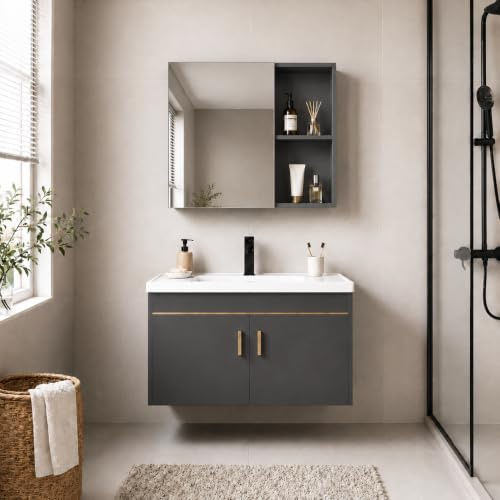 FGNIXLN Set di mobili da bagno con mobiletto, 71 cm, con armadietto a specchio da 65 cm, set di mobili da bagno con lavandino, sospeso, mobili moderni da bagno