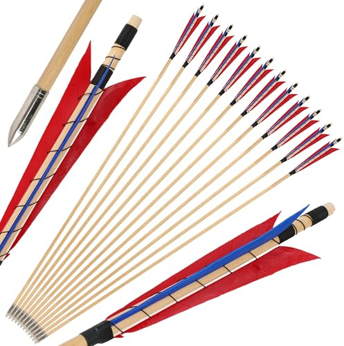 wolfman 6/12 pcs Flèches en Bois 32 Arc Recurvé Traditionnel Longbow avec Cible de Tir à Plumes de Dindonneau 5 pour Entraînement Archery