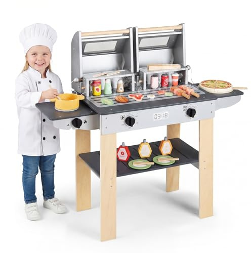 COSTWAY Set di Gioco per Barbecue in Legno per Bambini, Gioco di Griglia per Bambini con 2 Grill, Coperchi Ribaltabili, Ricchi Accessori e Cibi Giocattolo, per Bambini 3+ Anni
