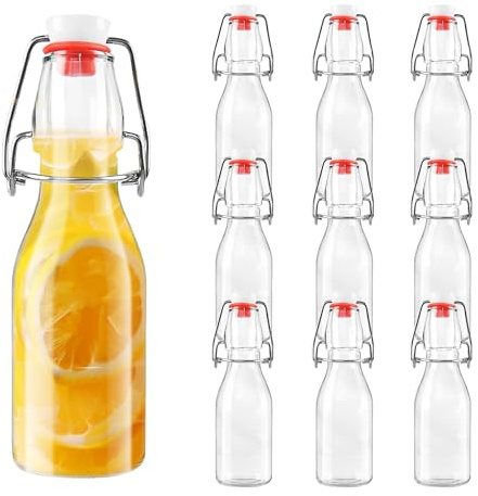 BUCOMTU Costolata in Vetro con chiusura a molla, Contenitori riutilizzabili ermetici, Vasi chiudibili per conservare succhi, oli, spezie e vari liquidi all’interno della casa (10 x 250ml)