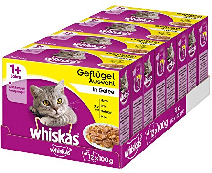 Whiskas 1 + Katzenfutter – Geflügel-Auswahl in Gelee – Hochwertiges Feuchtfutter für ausgewachsene Katzen – 48 Portionsbeutel à 100g