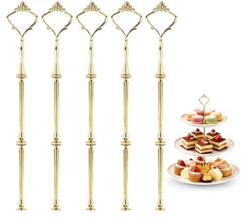Happy Will 3 Tier Tiered Tray Hardware Kits Fruit Cake Plate Handle Fitting Hardware Rod Dessert Stand Holder Golden Crown 5 Set（Plate not Included）