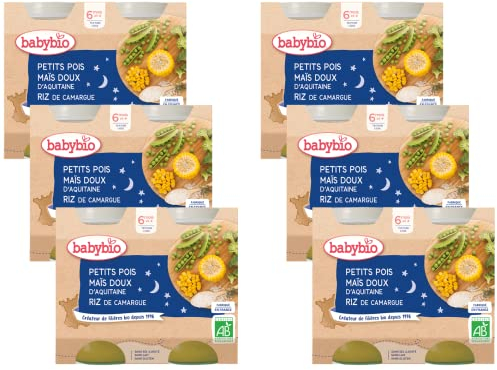 Babybio - Bonne Nuit - Petits Pots Petits Pois Maïs Doux d'Aquitaine Riz 2x200g - 6+ Mois - BIO - Lot de 6