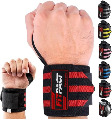 FITPACT Weight Lifting Wrist Wraps Support (PAIR), Elasticated Professional 18” Cotton Straps with Thumb Loop, Powerlifting Bodybuilding Fitness Strength Gym Training Workout Gymnastics Calisthenics
