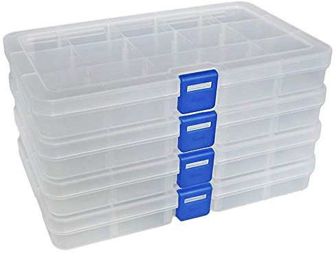 Qualsen Storage Boxes with Lids Plastic Clear, 15 Compartments, White 4PCS | Organiser Box with Compartments Adjustable for Beads, Jewelry, Fish Bait, Screws, and Craft Accessories