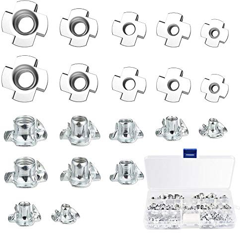 KBNIAN Set mit 100 T-Muttern mit 4 Krallen, verzinkt, Edelstahl, für Holz, Metall, Möbel, Haushaltsgeräte, Bau, Sanitär, Heimwerker, M3, M4, M5, M6, M8, T-Nuts
