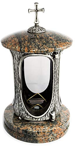 Stilvolle Grablaterne Anthrazit mit Kreuz Granit Gneis Barap Halmstad Höhe 27 cm/Ø 15 cm Grableuchte Grablicht Grablampe Granitlampe Granitlaterne Bronze mit Sockel Grabschmuck
