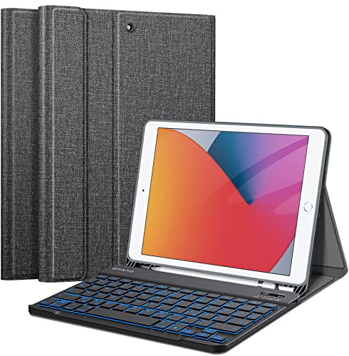 FINTIE Hülle mit Tastatur für iPad 9./8./7. Generation (10.2 Zoll) | 7 Farben Beleuchtete, Magnetisch abnehmbare, deutsche Bluetooth-Tastatur, Schutzhülle mit Stifthalter, Dunkelgrau