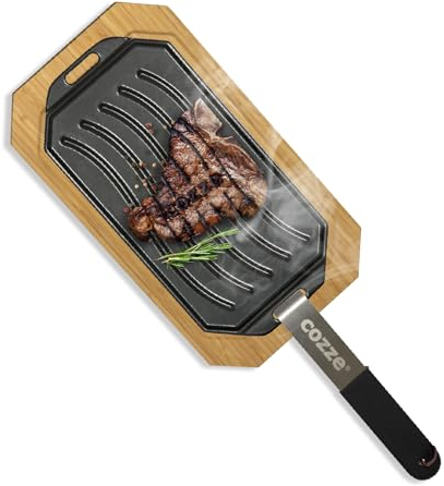 Millarco - Wendbare Gusseisenpfanne mit FSC-zertifiziertem Buchenholztablett, 33x16,5 cm – Abnehmbarer Griff, Zweiseitig für vielseitiges Kochen, LFGB-zugelassen, Black