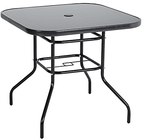 The Fellie Garden Table Outdoor Dining Table Tempered Glass Top Coffee Table Patio Table with Parasol Hole (Square-80 x 80 x 72cm)