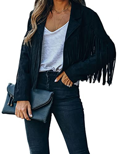 loveimgs Veste en Fausse Daim à Franges pour Femme - Veste Western à Tassel - Veste Courte - Veste de Motard en Cuir - Veste de Moto, noir, Small
