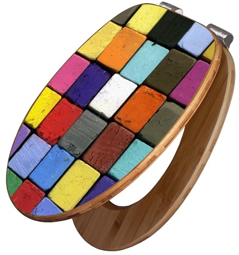 banjado Design WC Sitz Bambus Absenkautomatik 45,8x37,5cm - Toilettendeckel mit Absenkautomatik Holz - hochwertiger Bambus Klodeckel - WC-Sitz für gängigen Toiletten - Motiv Bunte Kreide