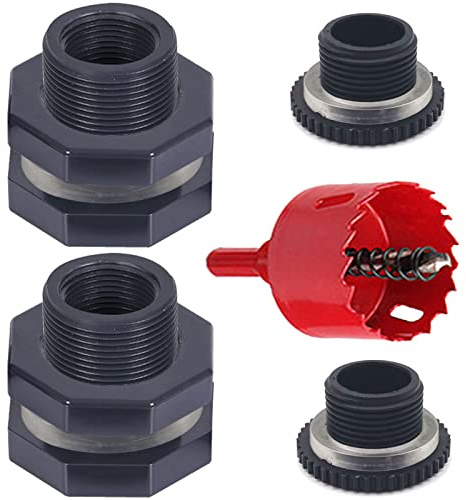 Qitdathn 2 PCS Rain Barrel Bulkhead Fitting kit with Plugs and Hole Saw Tool, 1 Inch PVC Spigot Connector Kit for Rain Barrels Water Tanks Pools Aquariums Tubs (Bulkhead 1 Inch)