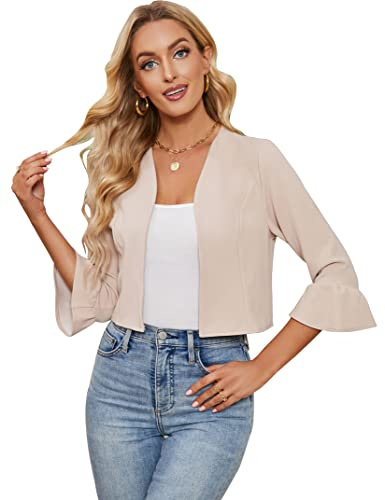 KOJOOIN Damen Bolero Jäckchen 3/4 Ärmel Rüschen Open Front Strickjacke Elegant festlich Shrug Cardigan Casual Top (Verpackung MEHRWEG), Aprikose, M