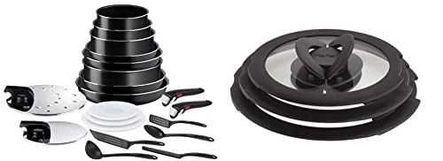 Tefal Ingenio Easy ON Pots & Pans Set, 20 Pieces, Stackable, Removable Handle, Space Saving, Non-Stick, Black, L1599402 & Ingenio L9931012 3 Piece Glass lids, 16-cm, 18-cm, 20-cm , Black