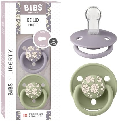 BIBS x Liberty De Lux Schnuller, 0+ Monate, 2er-Pack, Capel Sage | Runder Sauger | Silikon | Einheitsgröße | BPA-frei | Hergestellt in Dänemark | Hohe Akzeptanz | Luftlöcher | Komfortschild