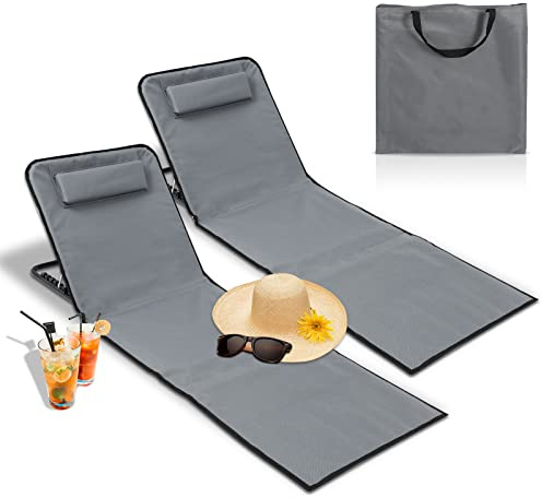 Cecaylie 2er Set Faltbare Strandmatte, Tragbar Strandliegen mit Rückenlehne, Strandstuhl 5-stufige Verstellbar, Klappbar Strandliege für Strand, Camping- Grau