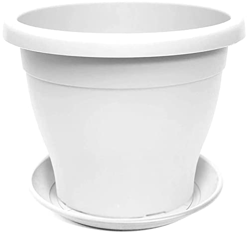Acan Tradineur - Maceta con Plato Tipo mediterránea, 20 cm de diámetro, Ideal Tanto para Interior como Exterior. Jardinera Alta con Agujeros para drenar Agua, Color Blanco
