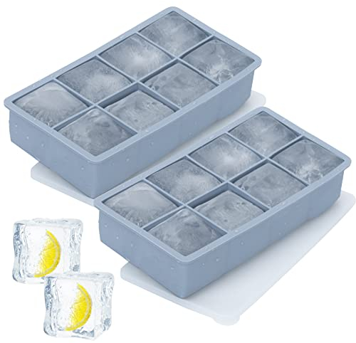 2 Pack Ice Cube Trays, Silicone Large Square Whiskey Ice Cube Mould with Removable Lid, 8 Big Ice Cubes per Tray for Cocktails, Whiskey and Drinks Ice Cool (Blue, 2 X Large Square)