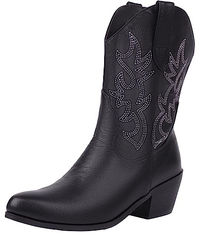 rismart Femme Western Bottes de Cowboy mi-mollet Brodée Chaussures de Cowgirl Noir,36