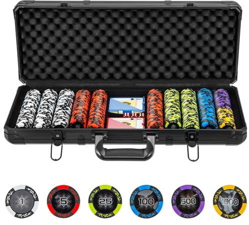 RELAX4LIFE Valigetta da poker in alluminio con 300/500 fiches da poker laser numerate/2 set di carte da poker/5 dadi/3 pulsanti del mazziere, (500 Chips)