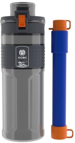 HISOIT Filter Water Bottle with water filter Straw Outdoor Water Purifier and Water Filtration Bottle Survival Emergency Hiking Travel and Backpacking Kits 0.01μm Ultra-Filtration 17oz Dark Grey