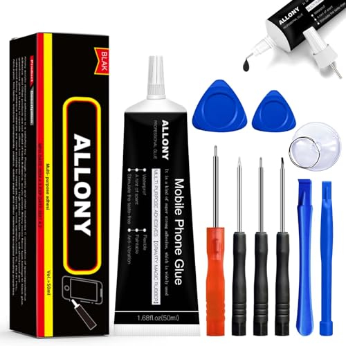 Allony Colla per Cellulari, Nero Colla per Smartphone, Colla per Display Smartphone, Design ad Ago Sottile Con Accessori per la Riparazione di Touch Screen, Monitor, Parti Della Custodia - 50 ml (A)