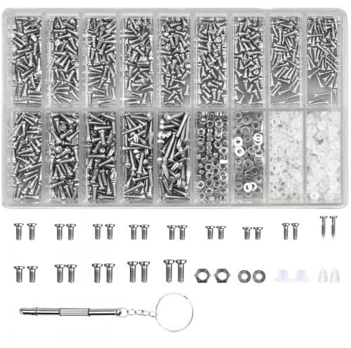 1 000 stycken plåtskruvar glasögonskruvar set, små miniskruvar med skruvmejselpincett, glasögon reparationssats för klocka, glasögon, urverk smycken reparation