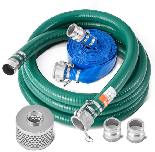VEVOR Kit Tubo di Aspirazione per Pompa dell'Acqua, con Tubo per Controlavaggio Blu 50,8 mm x 15,24 m, Tubo di Aspirazione 6096 mm Verde, Filtro a Foro Tondo, Camlock, Fascette Stringitubo, Adattatore
