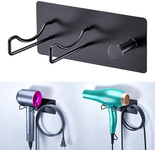 XILIMOR Soporte Secador De Pelo Sin Taladrar, Soporte Pared Secador Pelo Pared Adhesivo, Colgador para Secador, Porta Secador para El Cabello, Apto para Baño, Peluquería y Hotel, Negro