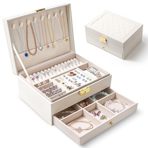 Ninonly Schmuckkästchen Ohrringe mit 2 Ebenen Schmuckkästchen für Damen Mädchen PU-Leder Schmuckaufbewahrung Ohrringe für Ringe Armbänder Halskette Mit Schloss und Schlüssel Weiß