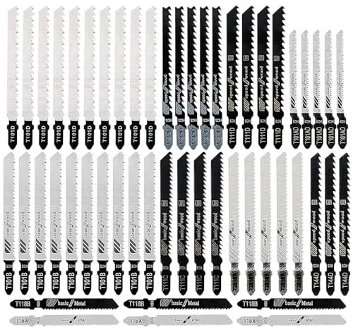 WUSBOO Lot de 60 Lames de scie sauteuse, 10 modèles, Fabriquées en HCS, Livré avec boîte en plastique, Lame de scie Idéal pour le bois, le plastique et le métal