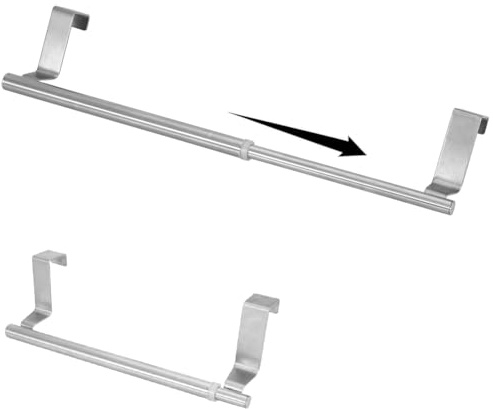 Over-Door Towel Rail, Single/Double bar Retractable Bathroom Towel Rack, Silver Stainless Steel Non-Drilled Door Back Holder, for Cabinets & Kitchen (Single bar)