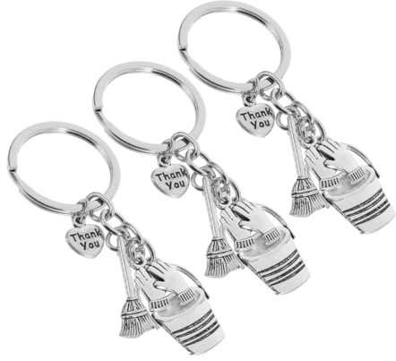 DEARMAMY 3pcs Housekeeper Keychain with Broom Bucket and Gloves Charms Alloy Thank You Keyring for Cleaning Staff Appreciation Janitorial Workers