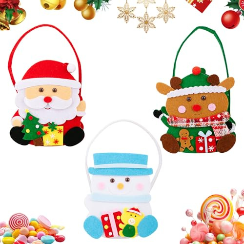 3 Stück Geschenktaschen Weihnachten, Weihnachtstragetaschen mit Griffen, Weihnachten Geschenktüte Filz,Wiederverwendbare, für Süßigkeiten und kleinere Geschenke oder Weihnachtenbaum Dekoration
