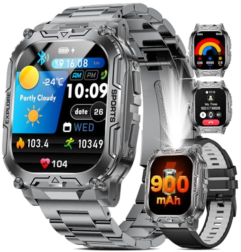 HIRREO TX12 Smart Watch for Men, 900 mAh Battery/LED Flashligh Military Smart Watches, 2.01'' HD Fitness Tracker, 100+ Sports Mode/Pedometer/IP68 Waterproof Smartwatch for Android iOS Phones