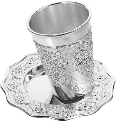 SHINEOFI Ensemble de Coupe à Kiddouch en Alliage de Zinc Argenté Sous-tasse, Design Gravé Unique pour Cérémonie Élevée, pour Fêtes et Diverses Occasions