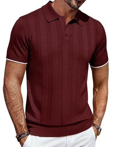 COOFANDY Mens Polo Shirts Short Sleeve Knitted Summer Shirt Striped Polos Stretch Business Casual Polo Shirts T-Shirts Wine Red XL