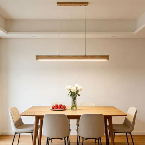 Deliouay Holz LED Hängelampe esstisch Dimmbar, Pendelleuchte mit Fernbedienung, Moderne Linear design Hängeleuchte,LED Esstischlampe hängend Höhenverstellbar für Esszimmer Küche büro (Holz, 120cm)