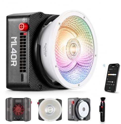 Godox ML40R RGB LED-videolampa, bärbar COB-fotografering med inbyggt batteri, 1800K-10000K full färg, 14 FX-effekter, appkontroll, magnetisk montering, ML-L10 reflektor för vlog-liveströmning